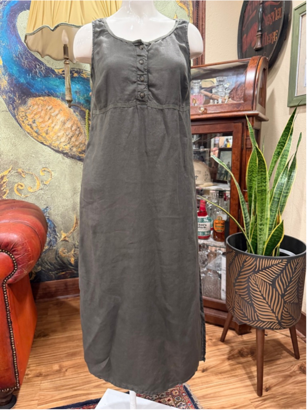 POSTCARD Italy Linen Midi Dress Army Green Button Front Boho Coastal Minimalist - Picture 3 of 12